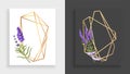Geometric frame polyhedron. Abstract gold floral frame with leaves and branch of lilac. Luxury decorative modern