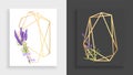 Geometric frame polyhedron. Abstract gold floral frame with leaves and branch of lilac. Luxury decorative modern