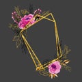 Geometric frame with watercolor peonies, branches and leaves in crimson, brown and golden colors