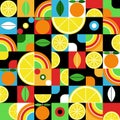 Geometric fruits seamless pattern. Nature abstract berries and cut fruit, mosaic food compositions. Modern bauhaus