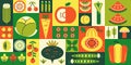 Geometric fruits and vegetables mosaic. Grocery goods, agriculture products grid and healthy food promotion vector