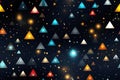 Geometric futuristic seamless pattern with multicolored triangle shapes on dark black background