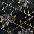 GEOMETRIC GALAXY BACKGROUND WITH BLACK ROSES SEAMLESS PATTERN Royalty Free Stock Photo