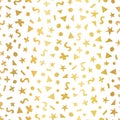 Geometric gold foil shapes seamless vector pattern. Triangles, dots, stars, and circles faux metallic golden texture on Royalty Free Stock Photo