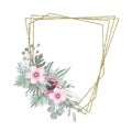 Geometric gold frame with a floral arrangement of flowers branches and tropical leaves in boho style Wedding Botanical bouquet on Royalty Free Stock Photo