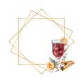 Geometric gold frame with Watercolor a glass of mulled wine, lemon and winter d cor