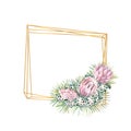 Geometric gold frame with protea flowers, tropical leaves, palm leaves, bouvardia flowers. Wedding bouquet in a frame Royalty Free Stock Photo