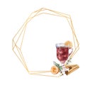 Geometric gold frame with Watercolor a glass of mulled wine, lemon and winter d cor