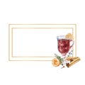 Geometric gold frame with Watercolor a glass of mulled wine, lemon and winter d cor