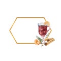 Geometric gold frame with Watercolor a glass of mulled wine, lemon and winter d cor