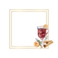 Geometric gold frame with Watercolor a glass of mulled wine, lemon and winter d cor