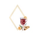 Geometric gold frame with Watercolor a glass of mulled wine, lemon and winter d cor