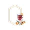 Geometric gold frame with Watercolor a glass of mulled wine, lemon and winter d cor