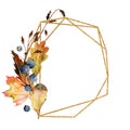 Geometric golden frame with watercolor autumn tree leaves, forest berries and feathers