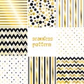 Geometric golden seamless pattern set. Stripes, polka dot, diagonal strokes, chevron universal basic background. Royalty Free Stock Photo