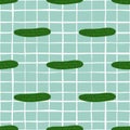 Geometric green cucumber seamless pattern on lines background. Cucumbers vegetable endless wallpaper