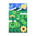 Geometric green landscape poster. Summer meadow, field with flowers in cubist art style. Sunflower, grass on card Royalty Free Stock Photo