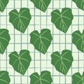 Geometric green leaves seamless pattern on lines background. Foliage wallpaper in flat style Royalty Free Stock Photo