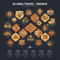 Geometric grid design illustrating global travel trends, featuring icons such as a