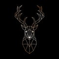 Geometric head of a wild deer. Abstract gold Deer silhouette on black background.
