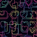 A geometric heart maze, where hearts are interconnected with thin glowing lines in neon colors,
