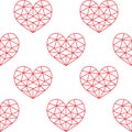 Geometric heart seamless pattern, Valentine`s Day red hearts on white background