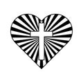 Geometric heart shape. Christian cross symbol. Religious emblem. Contrast radial lines. Vector illustration. EPS 10.