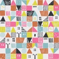 Geometric houses and hand drawn textured shapes seamless pattern. Abstract home background in childish style
