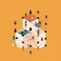 Geometric illustration features interconnected people in a 3D cube Royalty Free Stock Photo