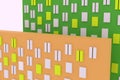 Geometric imitation of facade of modern buildings in bright orange and green on white background. Civil engineering. Housing devel