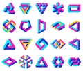 Geometric impossible shapes. Paradox triangle, square and circular figures, optical illusion vector symbols set