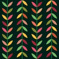 Beautiful multicolored mid century geometric leaves seamless pattern on dark green background.