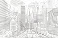 geometric line art of cityscape, with skyscrapers and roads