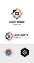 Geometric logo designs feature multi-colored polygons framing a central icon of a Royalty Free Stock Photo