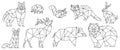 Geometric low poly animals set, black thin line creative polygonal design with triangles