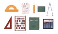 Geometric and mathematic subjects isolated set, students education tools compass, protractor, calculator abacus