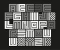 Geometric maze alphabet. Isolated unusual tile letters set, abstract vector white font on black background. Royalty Free Stock Photo