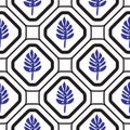 Geometric mediterranean rhombus with leaves seamless tile pattern.