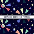 Geometric modern pattern seamless with chaotic abstract suns flowers stars balls yellow purple coral peach lemon vector