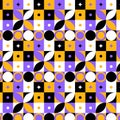 Geometric modern seamless pattern with abstract colors rings circles stars diamonds yellow black purple white vector Royalty Free Stock Photo