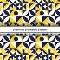 Geometric modern seamless pattern with semicircular petals rhombuses circles rings yellow blue white vector image Royalty Free Stock Photo