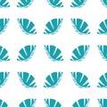 Geometric mono print style leaves seamless vector pattern background. Textured cut out aqua blue foliage on white