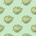 Geometric monstera leaf seamless pattern on green background. Exotic jungle wallpaper. Tropical leaves vector illustration