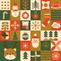 Geometric mosaic Christmas seamless pattern. Vector abstract square geometry winter print. Santa, deer, snowman icons Royalty Free Stock Photo