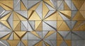 Geometric mosaic wall featuring intricate gold and silver triangular patterns Royalty Free Stock Photo
