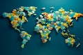 Geometric Mosaic World Map Featuring a Spectrum of Colorful Cubes on a Teal Background, Portraying Global Diversity and Royalty Free Stock Photo