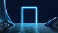 Geometric neon element appearing from water around rocks over dark background. Blue neon lights. Design for wallpaper