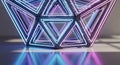 Geometric neon triangle sculpture with blue and purple glow reflects on surface Royalty Free Stock Photo