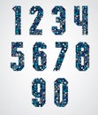 Geometric numbers decorated with blue pixel texture.