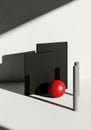 Geometric objects on a smooth surface under angled lighting. A vivid red sphere rests Royalty Free Stock Photo